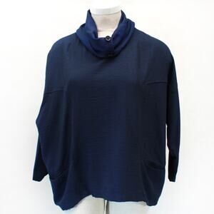Blanque Navy Blue Boxy Casual Blouse Shawl Collar Button 3/4 Sleeve Top O/S